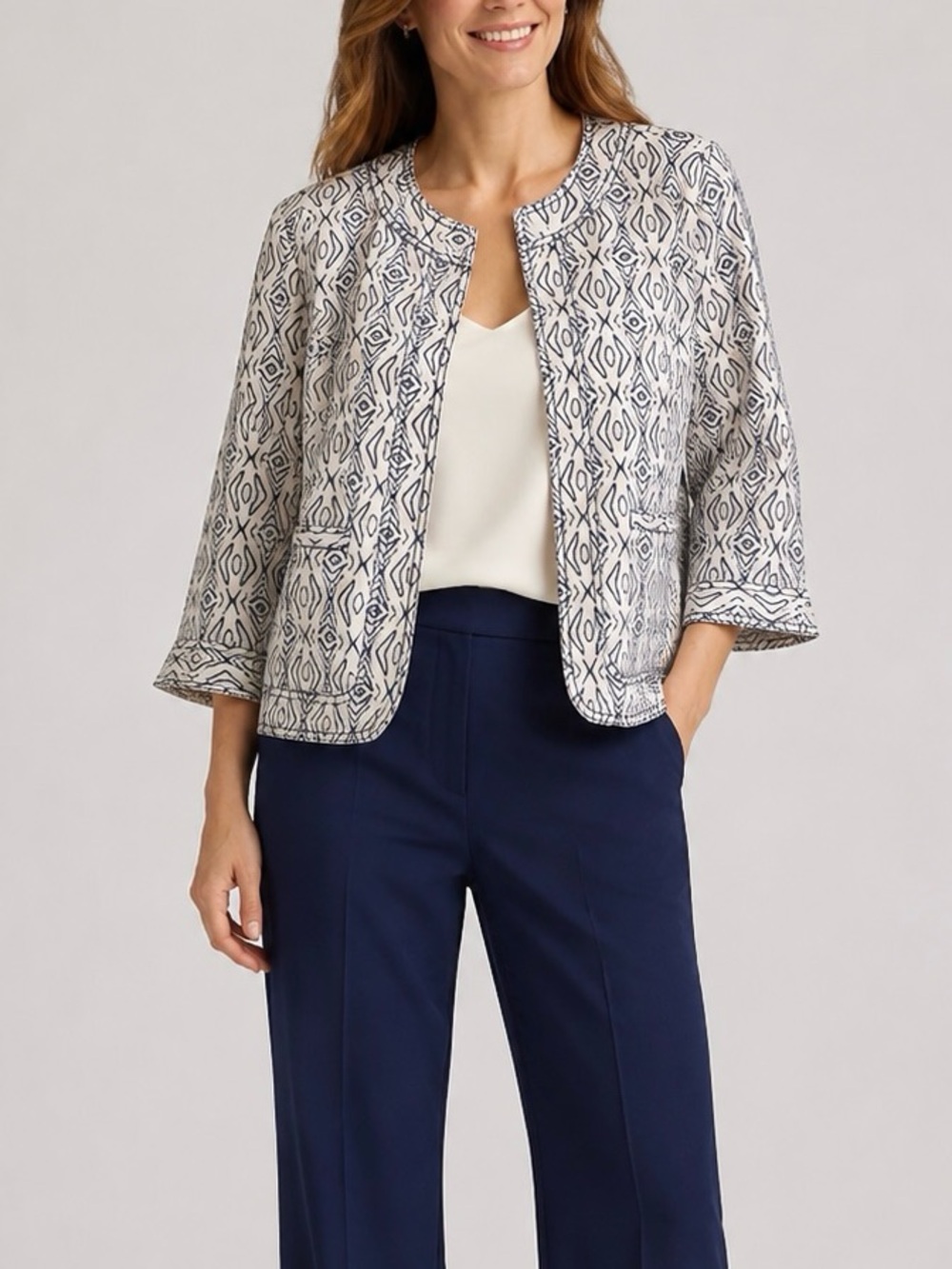 NWOT Navy White Geometric Print Jacket Blazer 3/4 Sleeve Boho Resort Travel